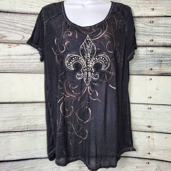 Maurices Women’s XL Black Lace Fleur-de-Lis Graphic Tee Rhinestone Studded Top - Picture 1 of 8